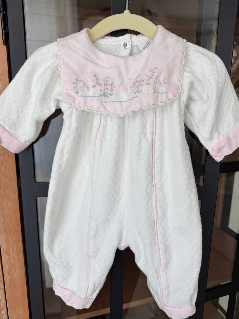 Vintage Baby Dior coverall embroidered swans romper newborn girl collar heirloom